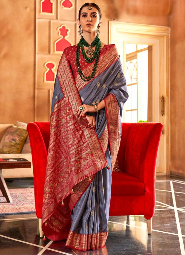 Silk Dark Grey Festival Wear Foil Printed Saree